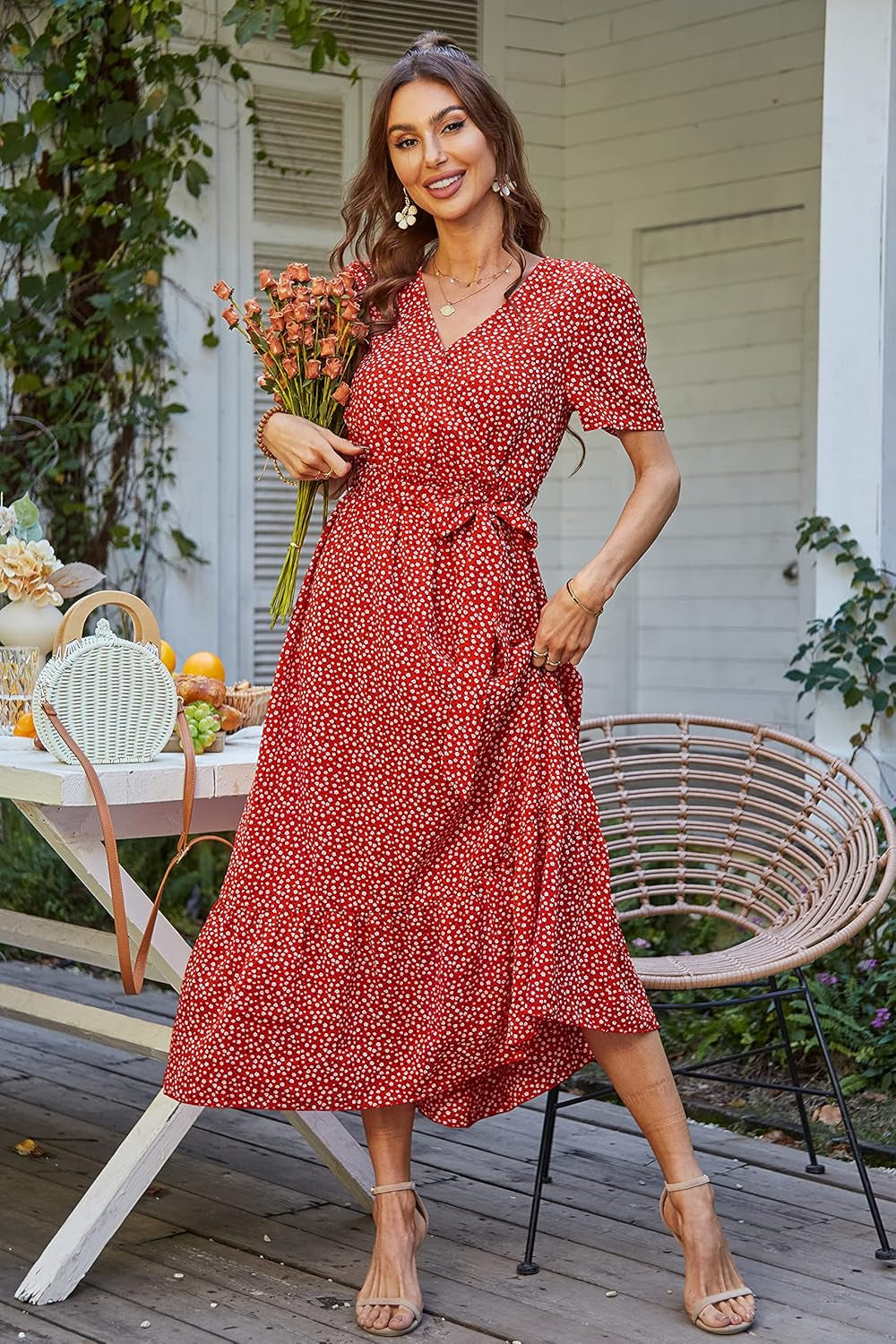 Women'S Floral Summer Dress Wrap V Neck Short Sleeve Belted Ruffle Hem A-Line Bohemian Maxi Dresses
